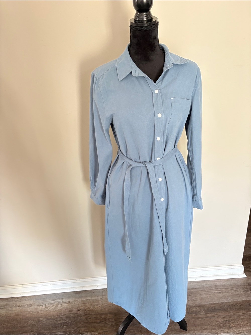 Lilla P Light Blue Long Sleeve Shirt Dress with Self-Tie Waist